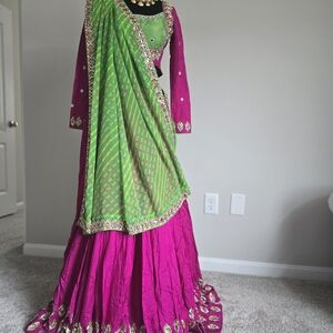 Annu's Creation Vibrant Pink and Green Chaniya Choli With Vintage Duppato